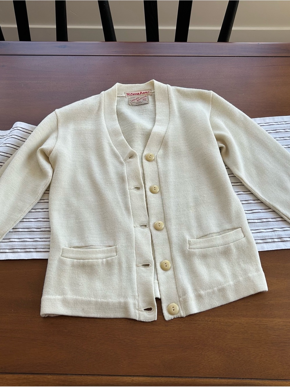 McMahon Ivory Wool Knit V-Neck Button Front Cardigan Sweater Pockets S
